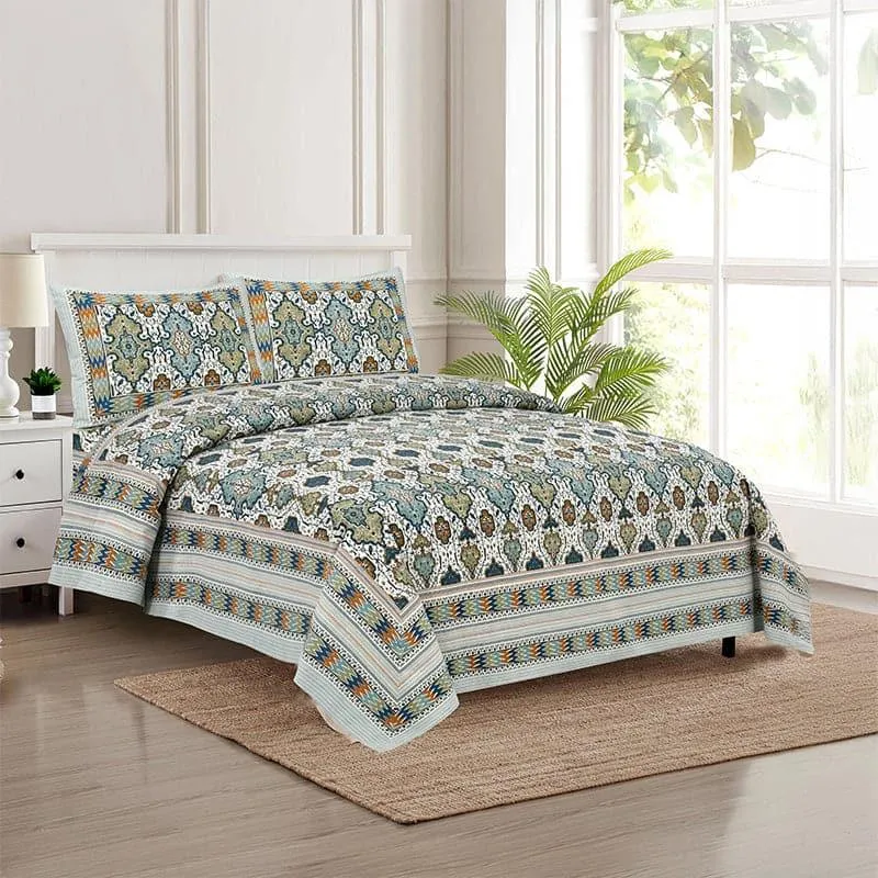 Baneeta Ethnic Bedshhet - Blue & Green Cotton Bedsheet - 180 TC media 1