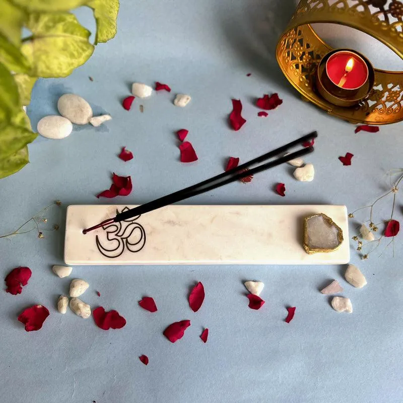 Om Marble Incense Holder With Agate Plating - White media 3