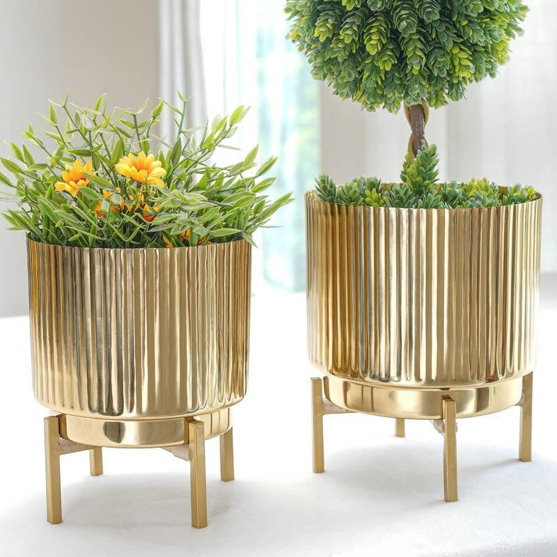 Royale Golden Metal Fluted Planter - Set Of Two media 9