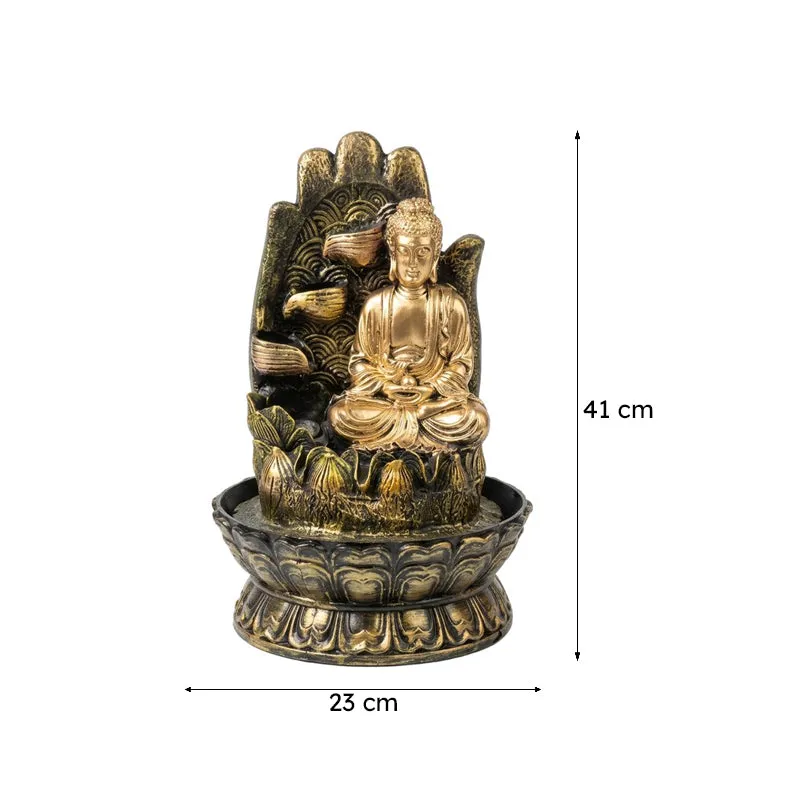Front view of the Buddha fountain showpiece with dimension arrows
