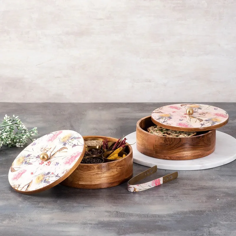 Opulia Teak Wood Round Masala Box - Three Piece Set media 1