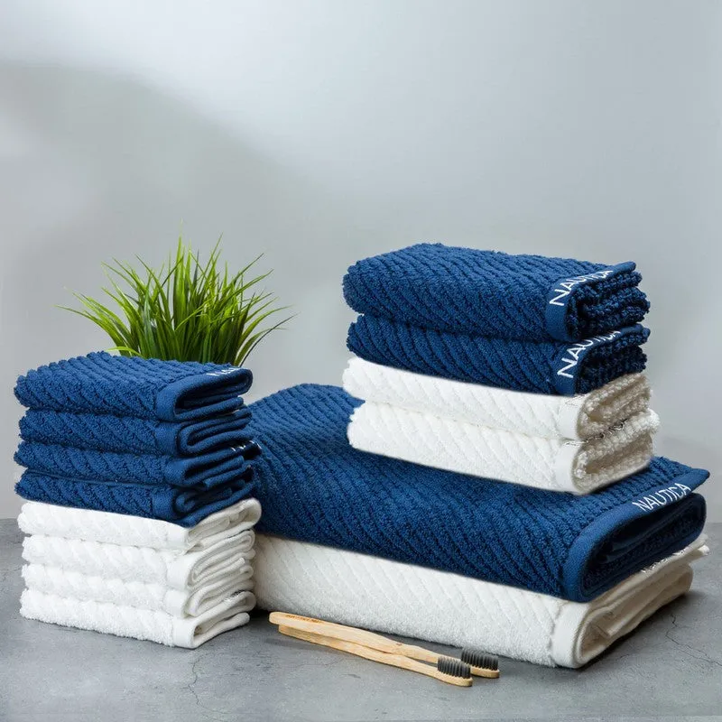 Nautica Riviera Soft Cotton Towel Set (White & Dark Blue) - Fourteen Piece Set media 1