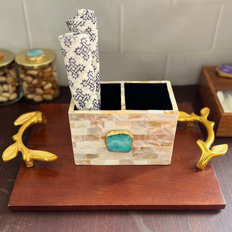 Suzzaine Handcrafted Mother Of Pearl & Agate Cutlery Holder - Green & Beige media 4