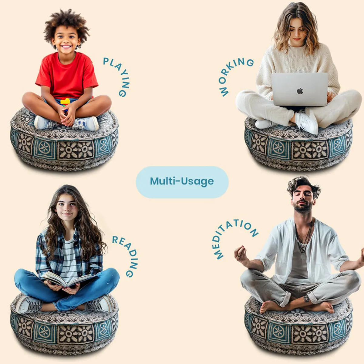 Four lifestyle views show people sitting on the round patterned floor cushion.