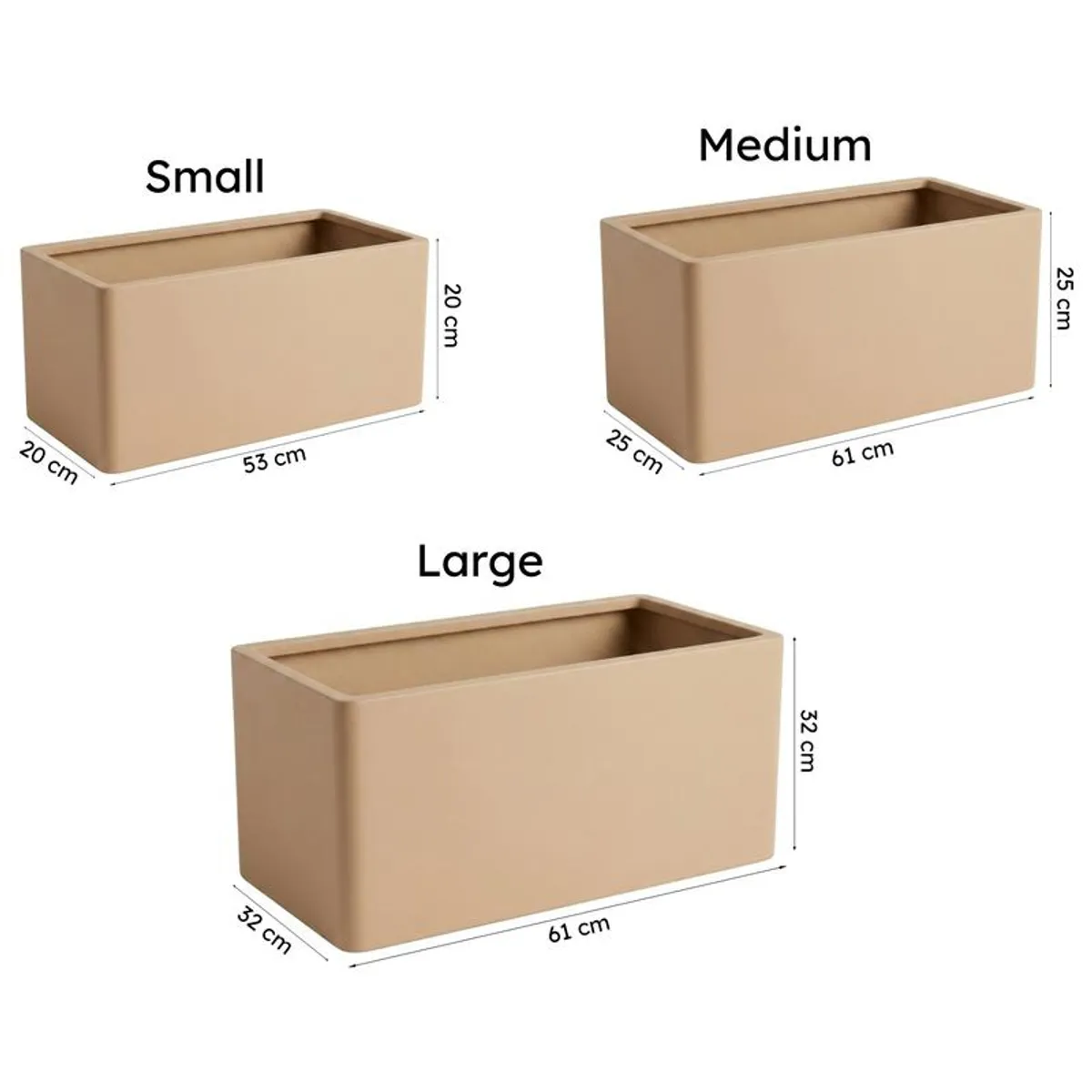 Three brown rectangular planter sizes shown with measurement illustrations.