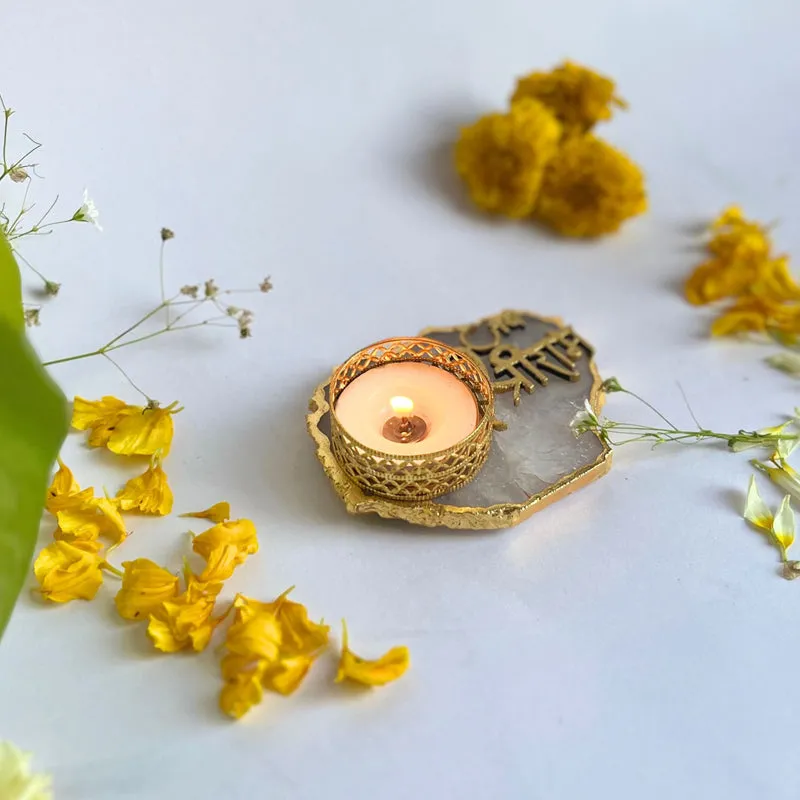 Jai Sri Ram Handcrafted Agate Tealight Candle Holder - White media 3