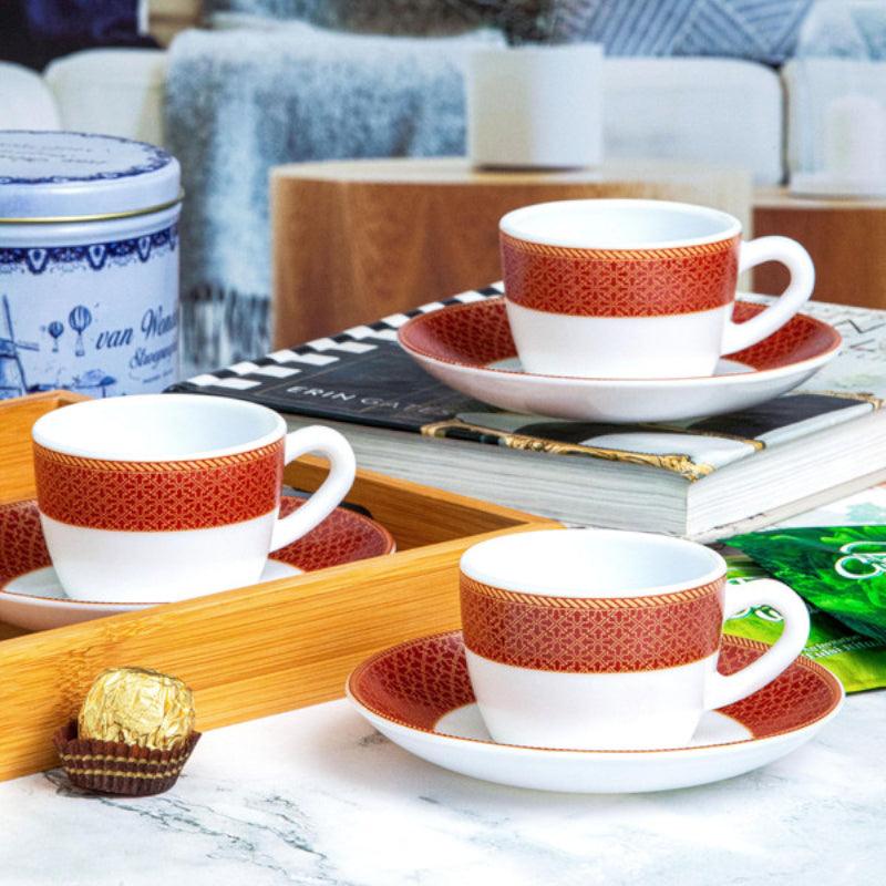 Cello Gingera Ethnic Red Cup & Saucer (130 ML) - Twelve Piece Set