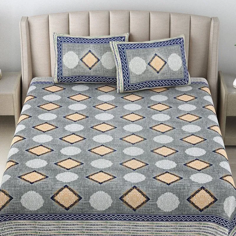 Metro Matrix Geometric Cotton Bedsheet (Grey) - 140 TC media 1