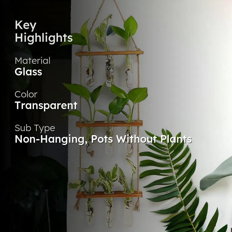 Hanging glass test tube planter with green foliage and natural wood details