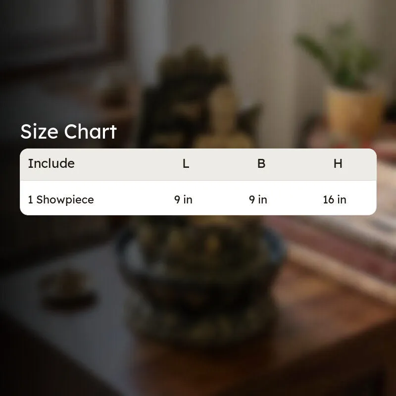 Size chart graphic over a blurred background of the Buddha fountain