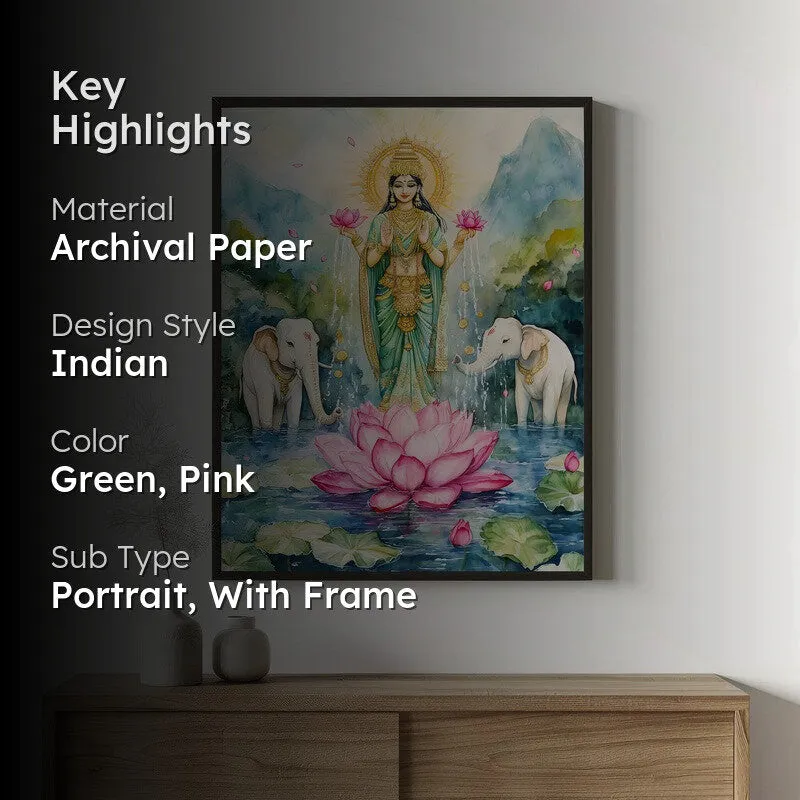 Divine Gaja Lakshmi Spiritual Archival Paper Wall Painting With Frame - Black media 2