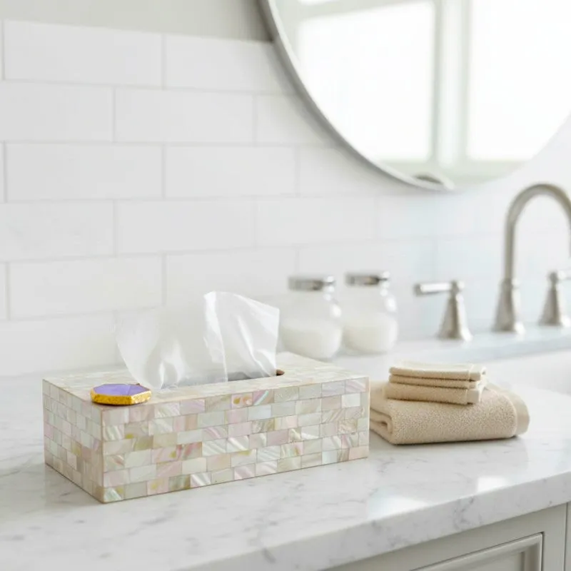 Suzzaine Handcrafted Mother Of Pearl & Agate Tissue Box - White & Beige media 6