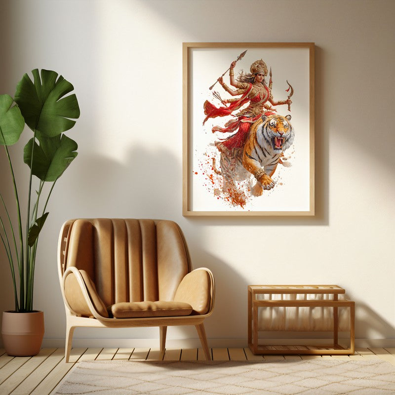 Maa Durga With Tiger Archival Paper Wall Art - Natural Brown Frame