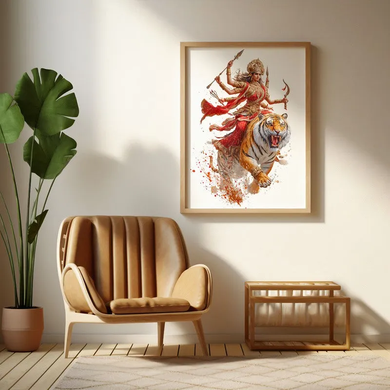 Maa Durga With Tiger Archival Paper Wall Art - Natural Brown Frame media 1