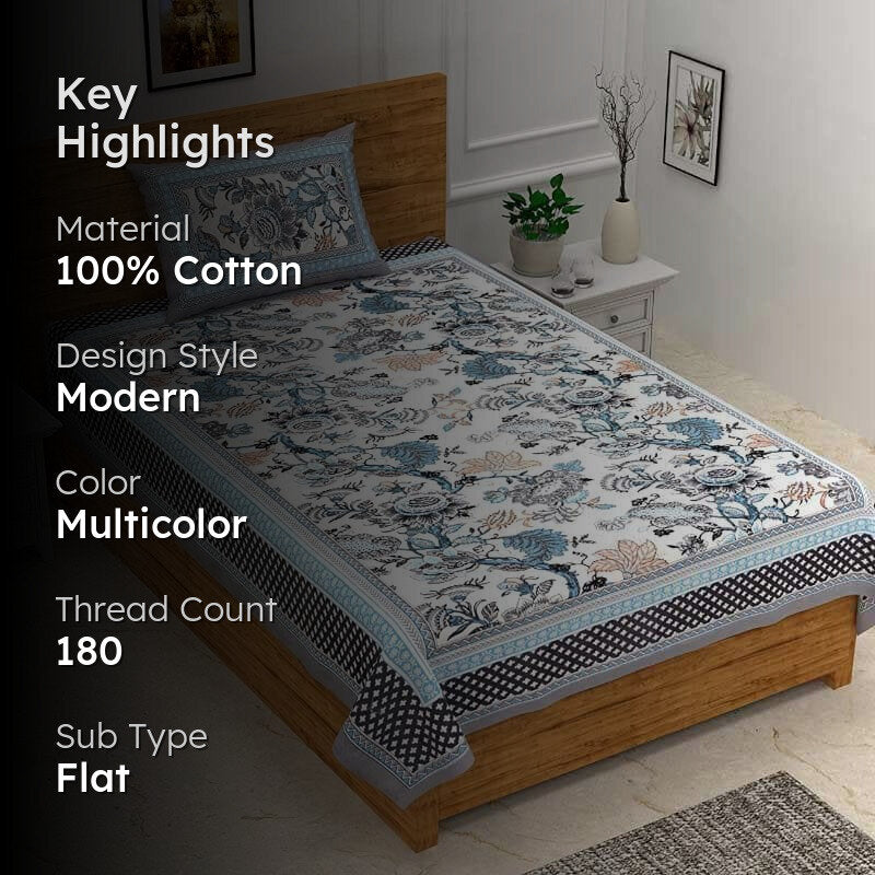 Posy Revelry Cotton Bedsheet (Navy) - 180 TC media 2