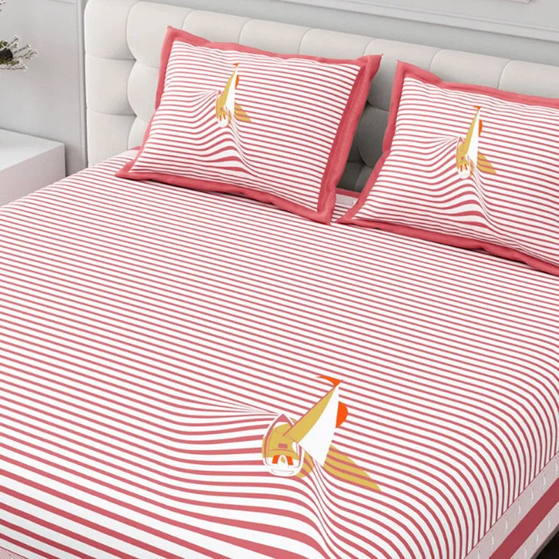 Illusion Stripey Sails Cotton Bedsheet (Red) - 200 TC media 4