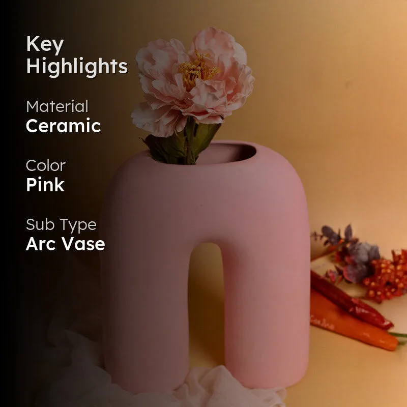 Pink arc vase with flowers and key highlights text overlay