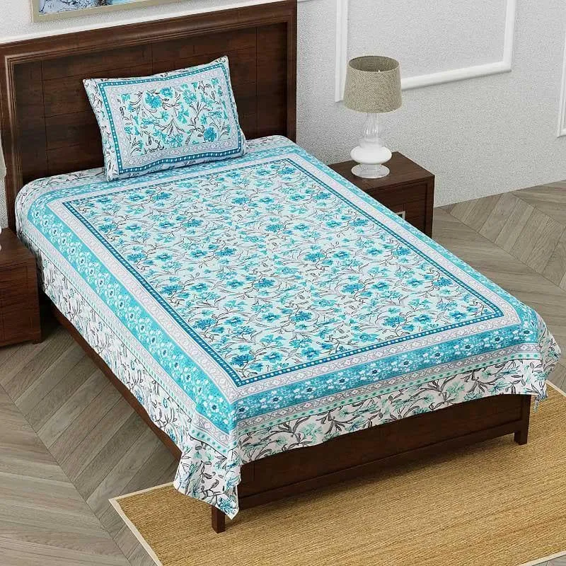 Folk Floral Fiesta Cotton Bedsheet (Blue) - 180 TC media 1