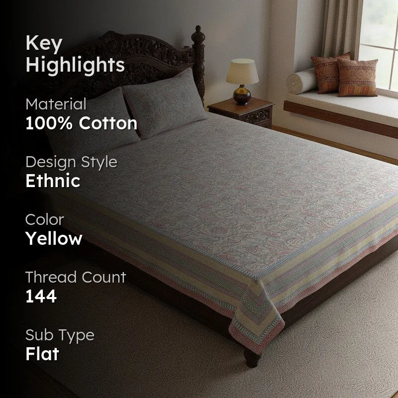 Saagara Floral Cotton Bedsheet (Yellow,Peach) - 144 TC media 2