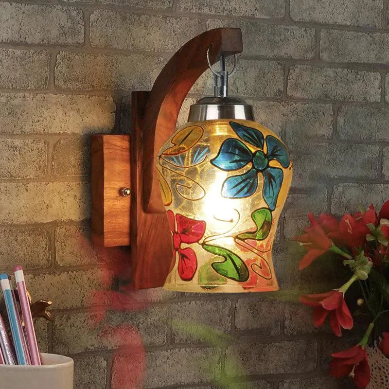 Fumo Floral Mosaic Glass & Wooden Wall Lamp media 1