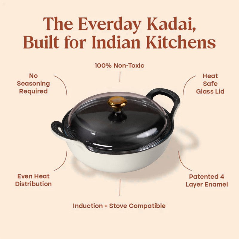Cumin Co Enamel Cast Iron Kadhai With Lid (3200 mL) - White media 5