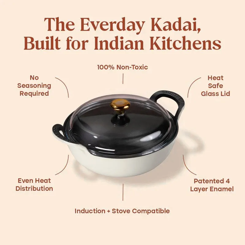 Cumin Co Enamel Cast Iron Kadhai With Lid (3200 mL) - White media 5