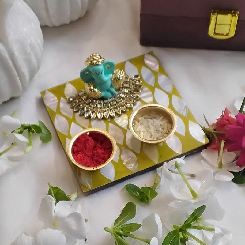 Ganpathi Festive Mother Of Pearl Pooja Thali Gift Box - Yellow media 3
