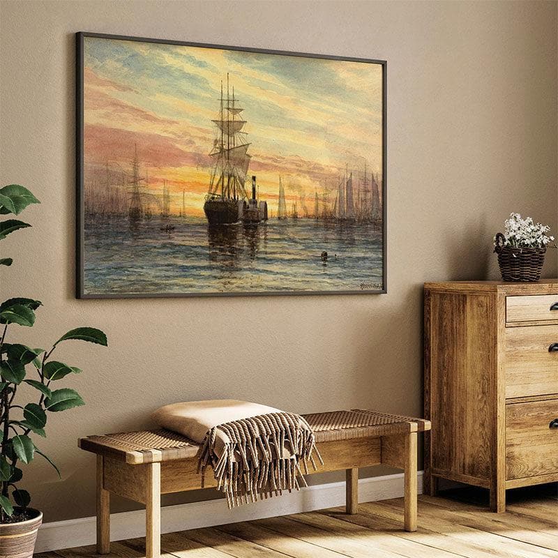 Harbor Scene Wall Painting - Black Frame