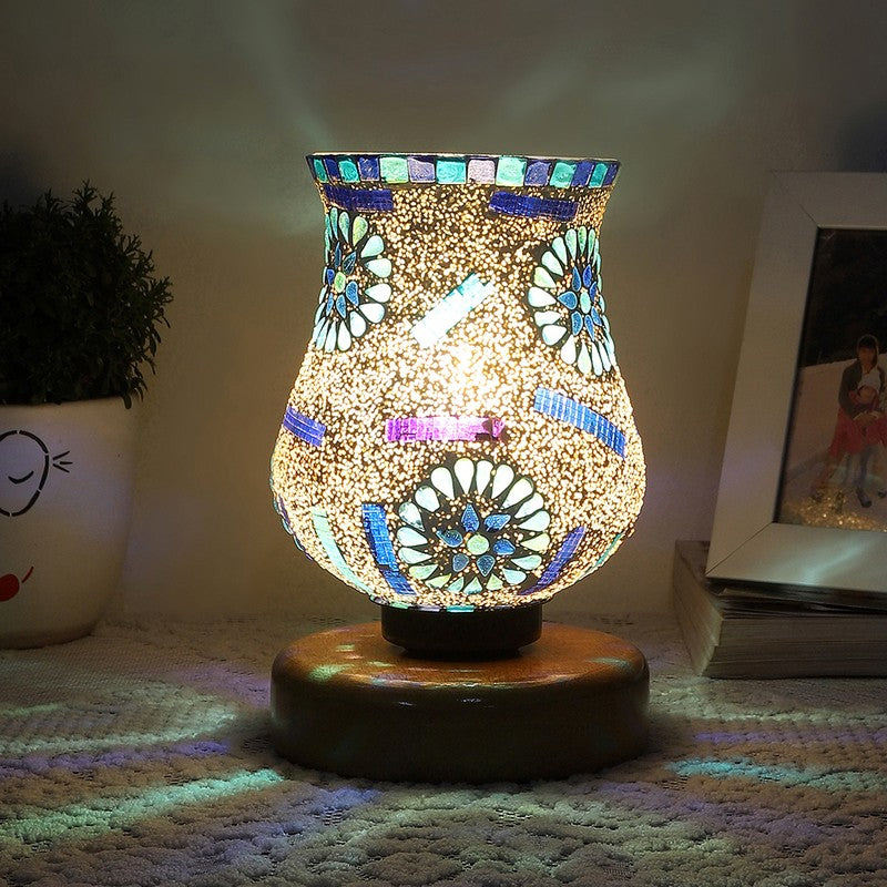 Feluxe Mosaic Glass Table Lamp With Wooden Base - Multicolor