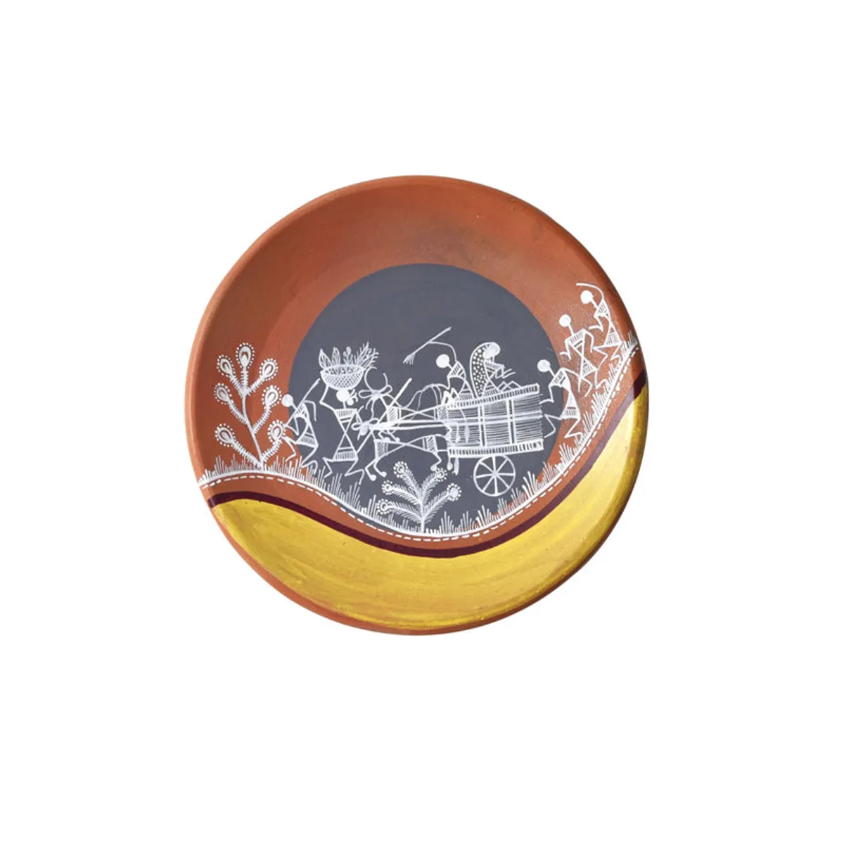 Single terracotta wall plate with grey and yellow bands and white tribal artwork