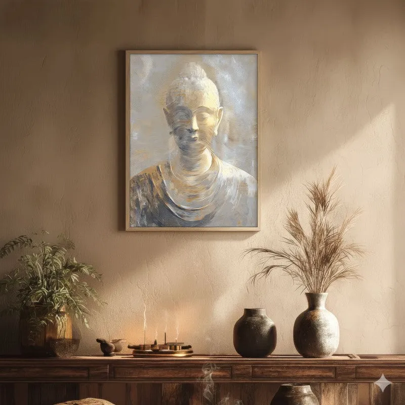 Serene Buddha In Golden Calm Wall Painting With Brown Frame media 1