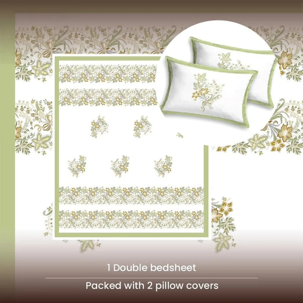 Flat layout of white and green floral bedsheet with two matching pillow covers