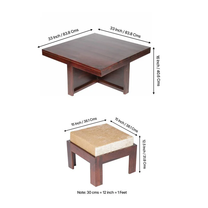 Evrino Sheesham Wooden Center Table with Stools and Cushions (Dark Brown) - Nine Piece Set media 10
