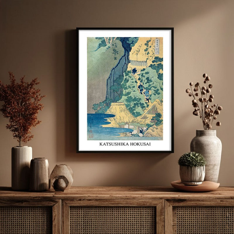 Waterfall at Sakanoshita Katsushika Hokusai Archival Canvas Wall Painting - Black Frame