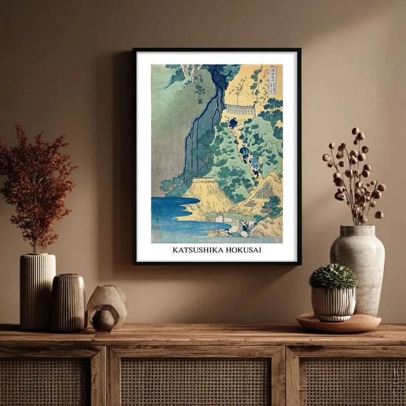 Waterfall at Sakanoshita Katsushika Hokusai Archival Canvas Wall Painting - Black Frame media 1
