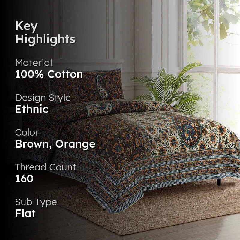 Apreetha Ethnic Cotton Bedsheet (Brown) - 160 TC media 2