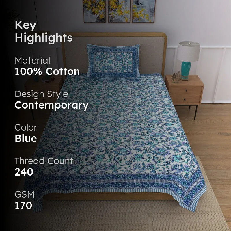 Linex Floral Cotton Bedsheet (Blue) - 240 TC media 2