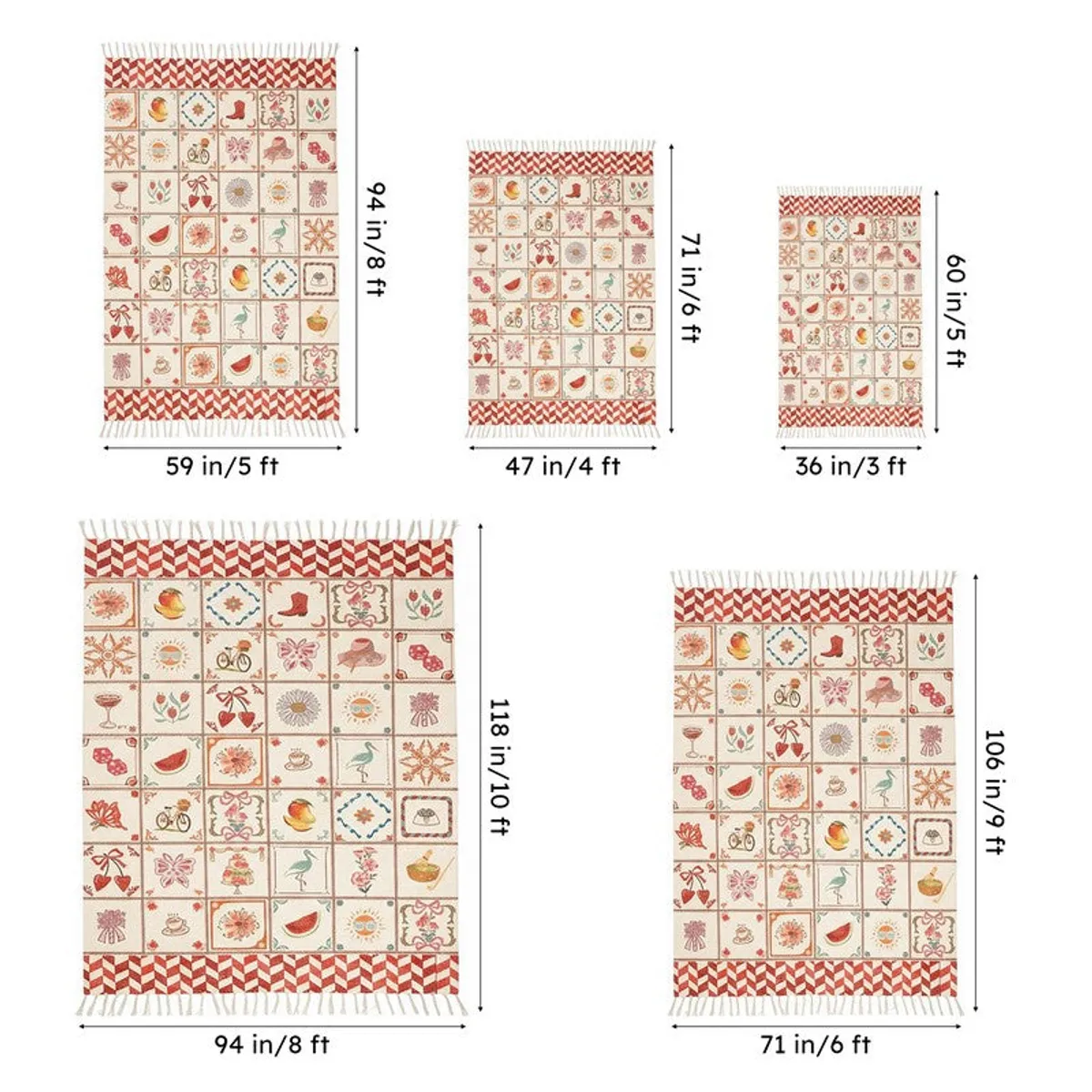 Size comparison image showing the carpet in five rectangular size options
