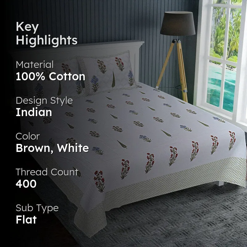 WhiteBloom Handblock Printed Cotton Bedsheet (Brown) - 400 TC media 2