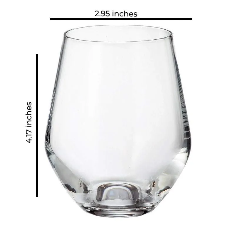 Single clear stemless glass shown front view on white background