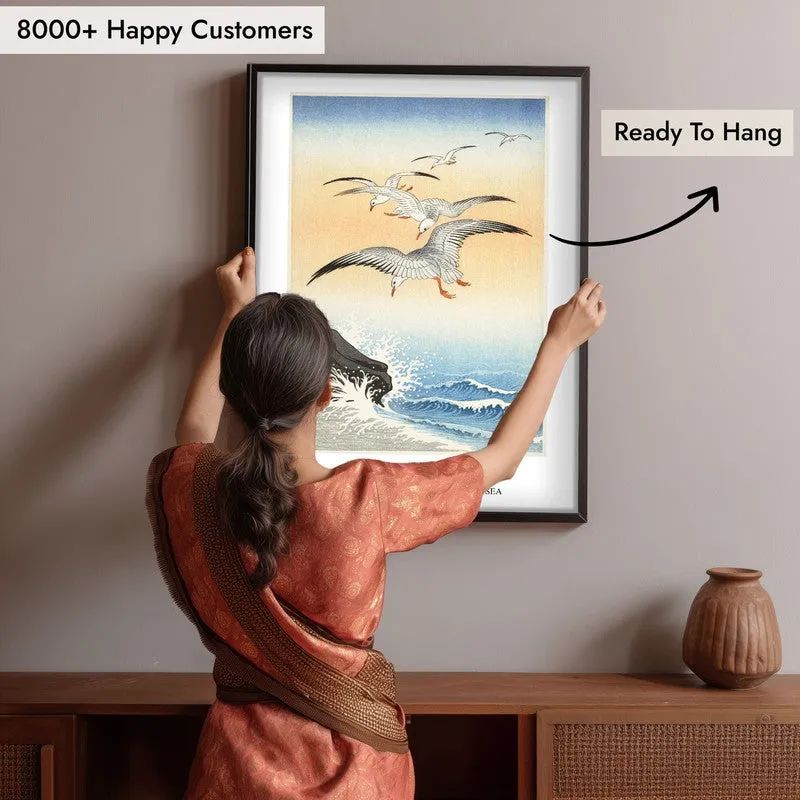 Five Seagulls above Turbulent Sea Ohara Koson Archival Canvas Wall Painting - Black Frame media 6