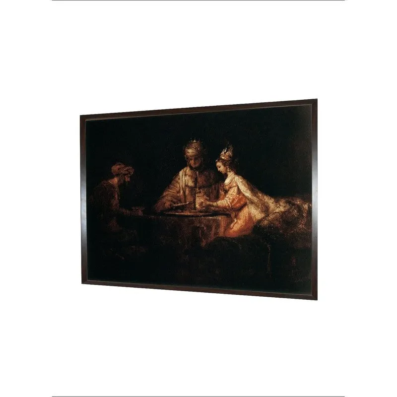 Angled view of framed classical canvas wall painting on a white background