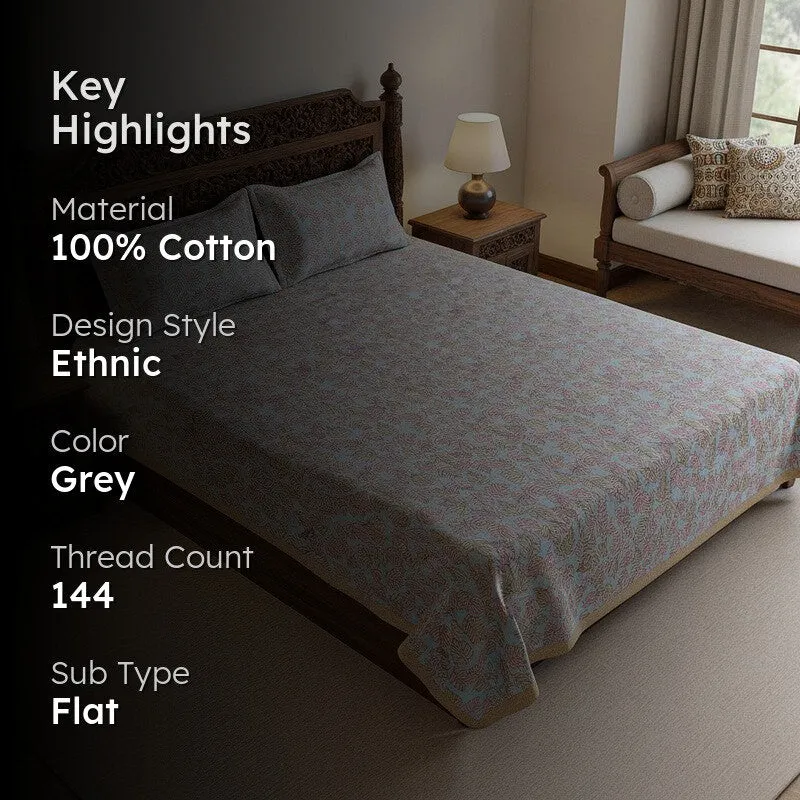 Nistara Floral Cotton Bedsheet (Beige,Grey) - 144 TC media 2