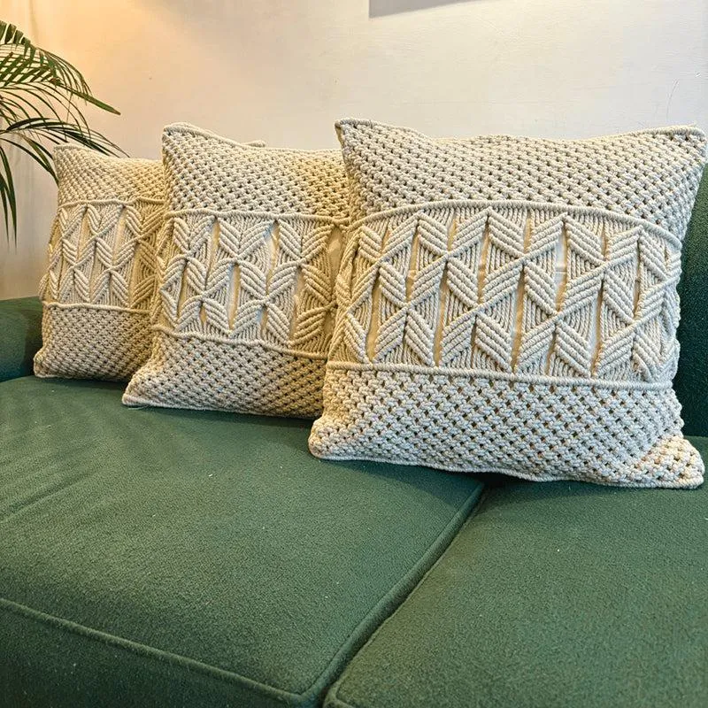 Studio String Macrame Knotwork Cotton Cushion Cover - Set Of Three media 1