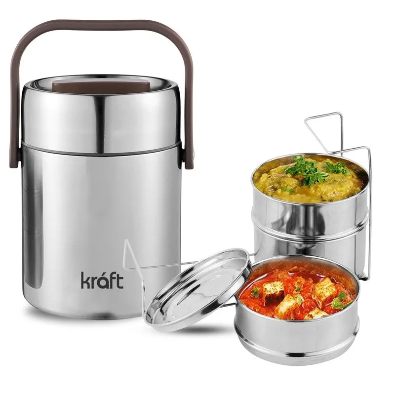 Silver tiffin carrier with brown handle and three separated stainless-steel food containers