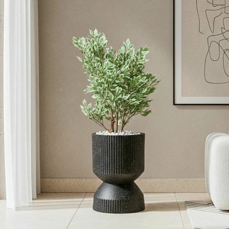 Black sculptural planter with a leafy green plant against a neutral wall.