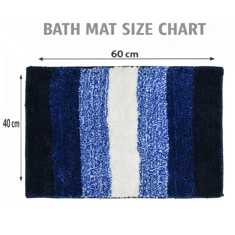 Blue and white striped rectangular bath mat shown flat