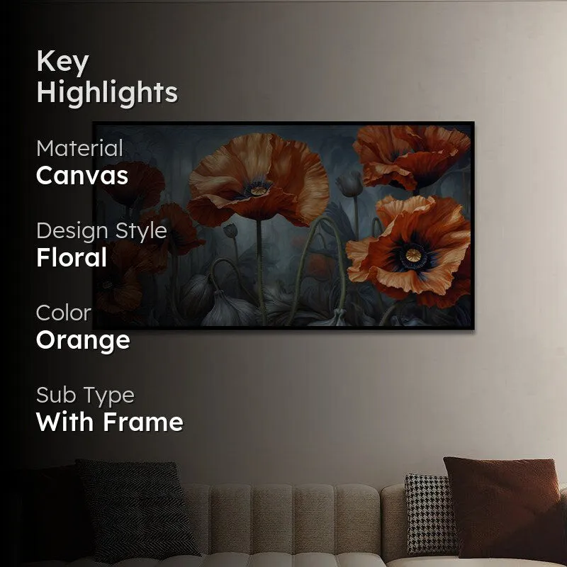 Gloomy Rust Poppies Floral Canvas Wall Painting With Frame - Black media 2