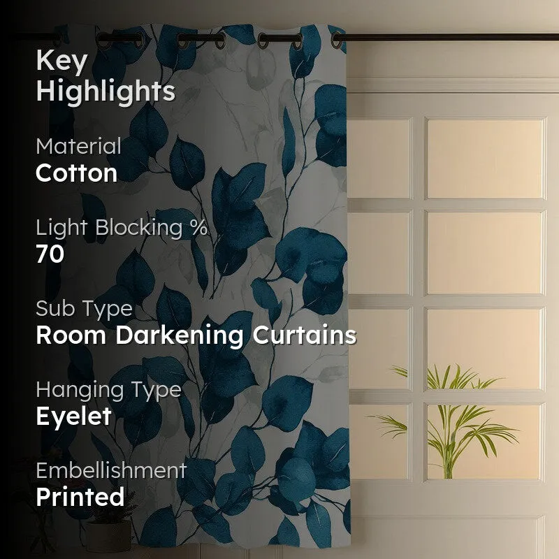 Garden Glow Cotton Curtain - Blue,White media 2