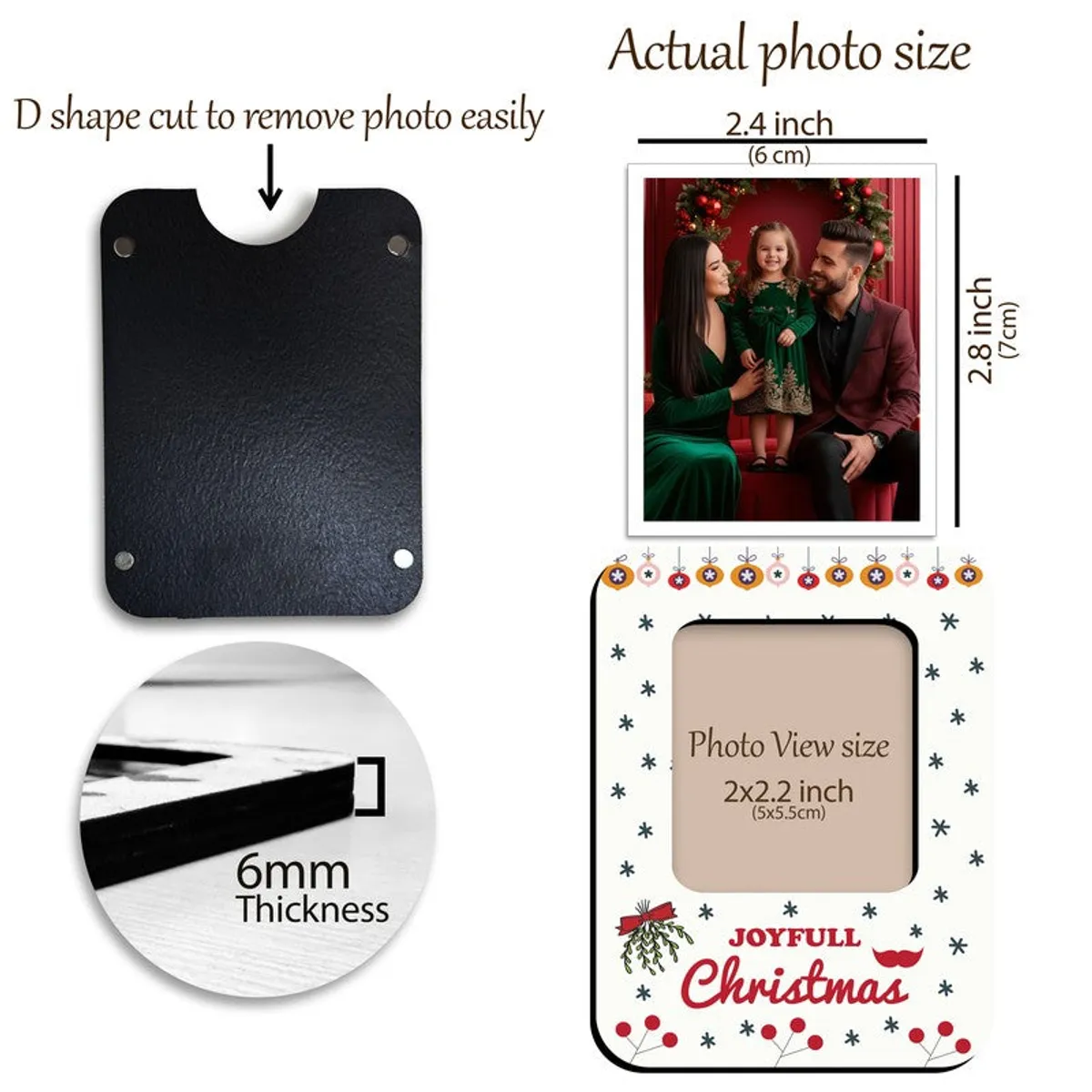 Back and front views of the Christmas magnet showing photo opening and thickness